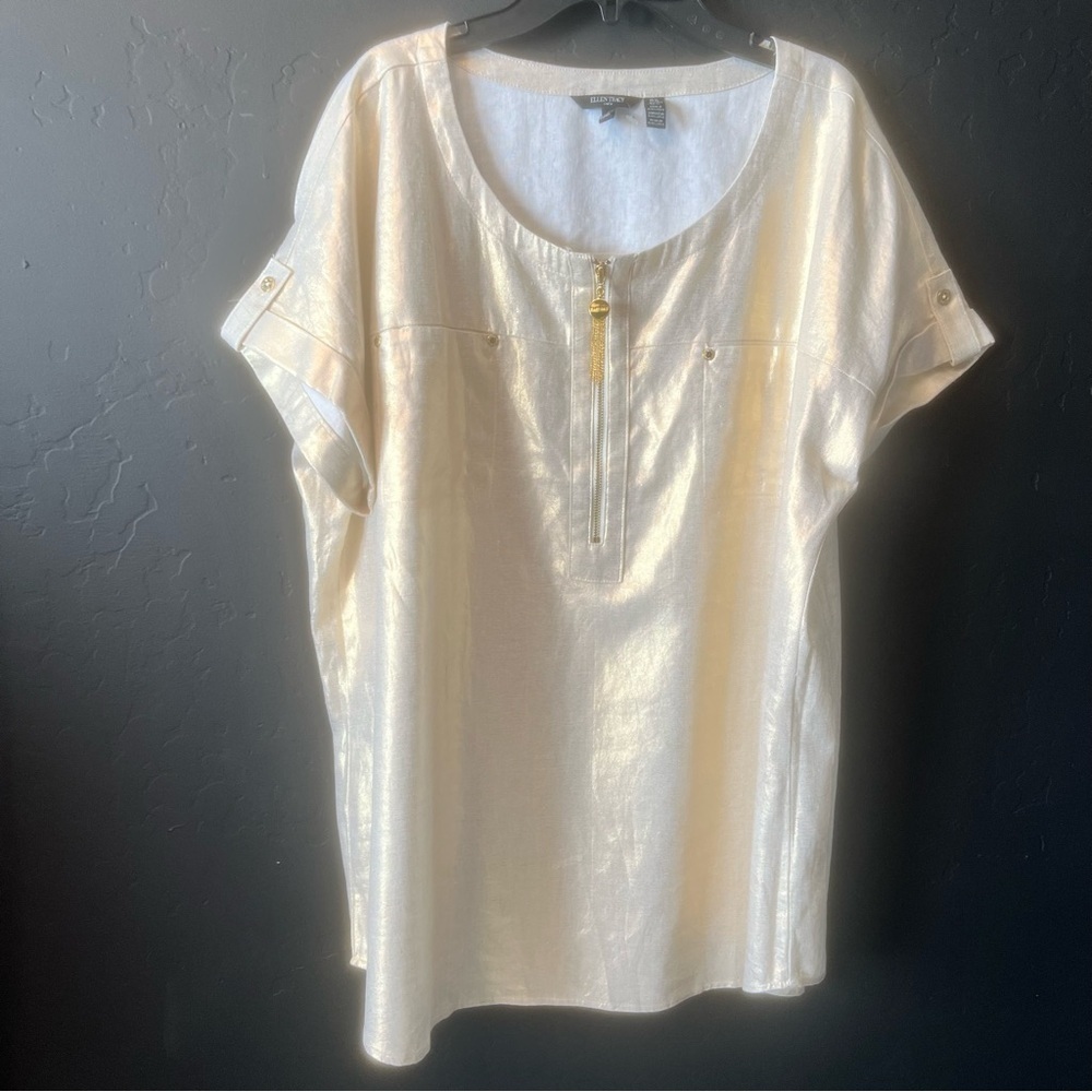 Ellen Tracy Linen Blend Women Chalk Gold Foil Boxy Blouse Preppy Size: XL